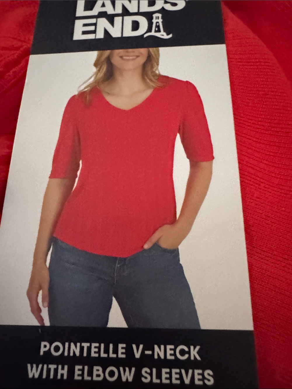 Lands' End Women's Red Pointelle V-Neck Elbow Sleeve Top